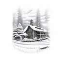 Mountain cabin on a sunny day with storm approaching and lightnings tattoo design idea