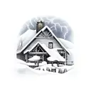 Mountain cabin on a sunny day with storm approaching and lightnings tattoo design idea