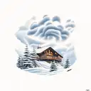 Mountain cabin on a sunny day with storm approaching and lightnings tattoo design idea