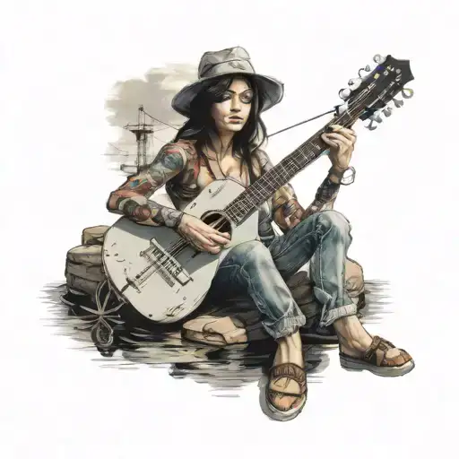 A realistic portrait of a woman playing a guitar while fishing on a boat tattoo design idea