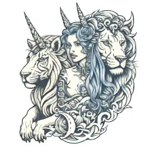 woman with blue eyes and unicorn with lion standing tattoo design idea