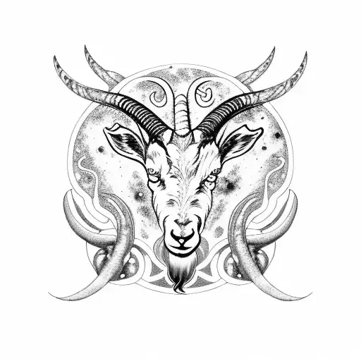 A black and grey tattoo of a Capricorn goat surrounded by swirling galaxies tattoo design idea