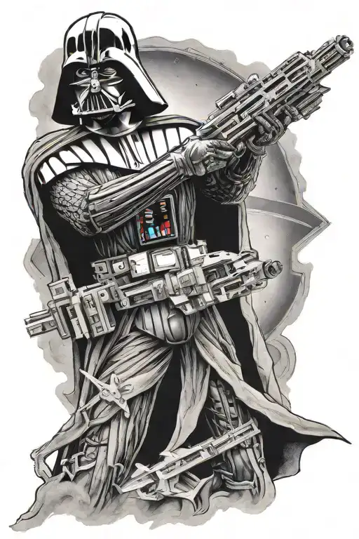 Darth Vader holding a lightsaber with star destroyer beyond tattoo design idea