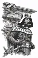 Darth Vader holding a lightsaber with star destroyer beyond tattoo design idea