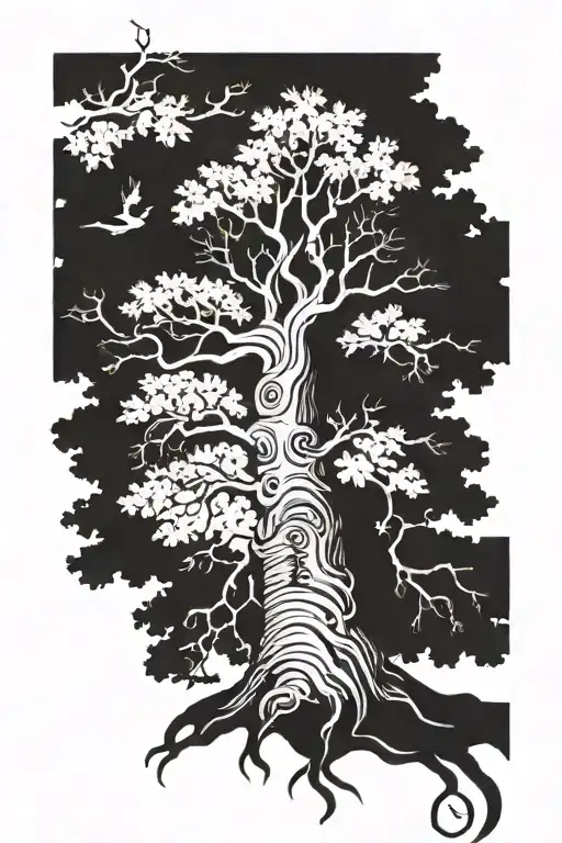 a 3d tree with the name mitchell growing in the roots, the name Andrenette carved into the trunk of the tree, tattoo design idea