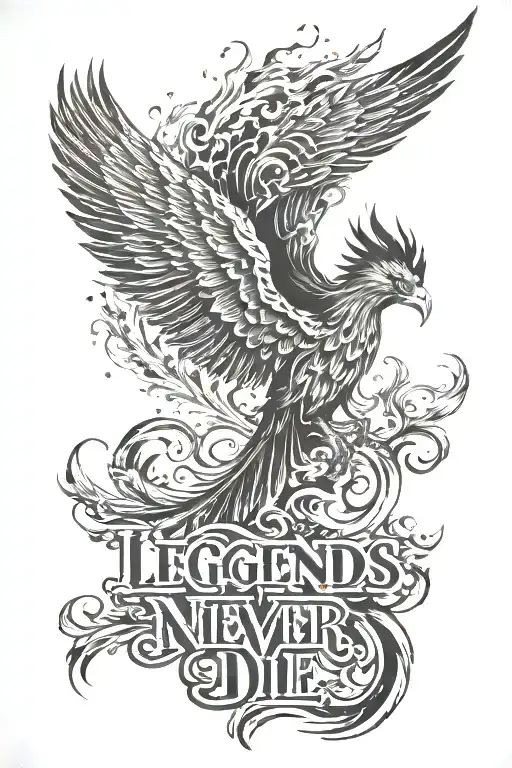 phoenix rising from ashes, "legends never die" text tattoo design idea