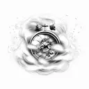 Motivational quote written in a swirling cloud shape, with a rose and clock incorporated tattoo design idea