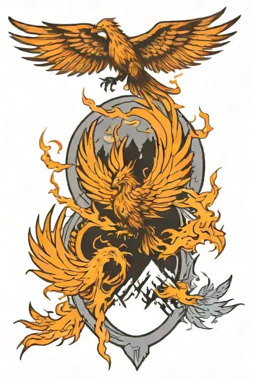 mountain, arrows, and phoenix rising from the ashes tattoo design idea