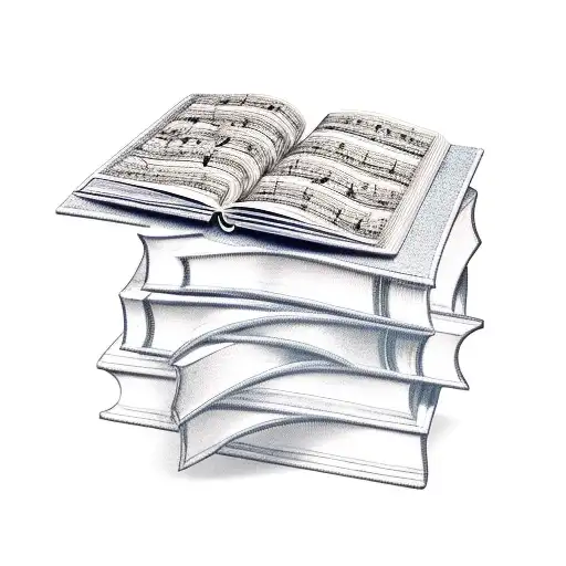 A stack of books with musical instruments peeking out from between the pages tattoo design idea