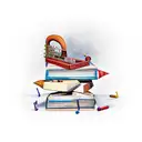 A stack of books with musical instruments peeking out from between the pages tattoo design idea