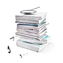 A stack of books with musical instruments peeking out from between the pages tattoo design idea