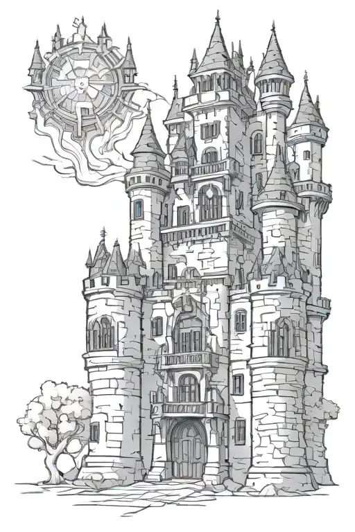 cybersigilism style castle, ultra detailed, dark, gothic tattoo design idea