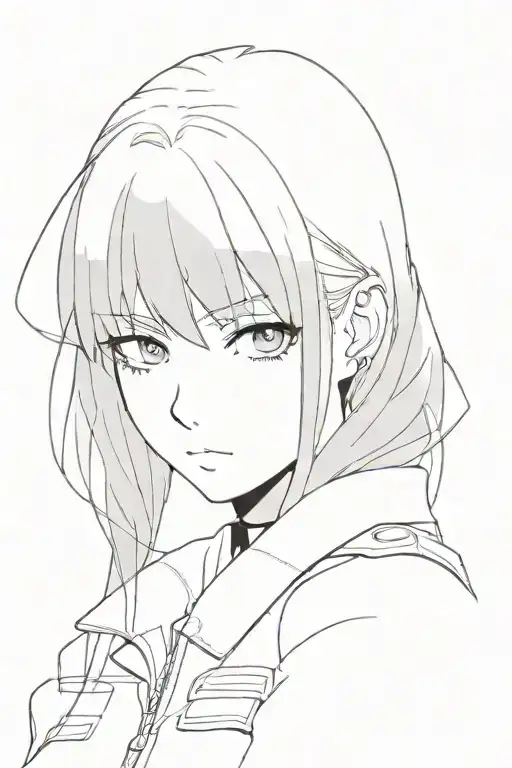 black and white anime girl with long black hair, tired eyes wearing a military uniform tattoo design idea