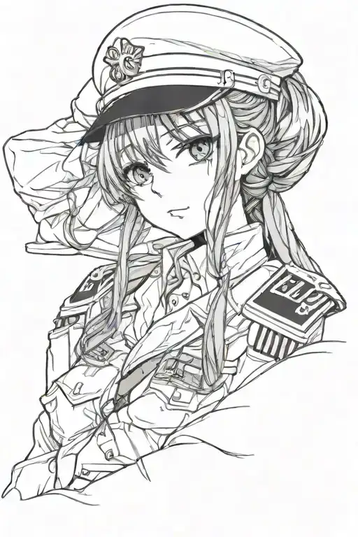 black and white anime girl with long black hair, tired eyes wearing a military uniform tattoo design idea