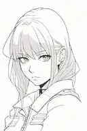 black and white anime girl with long black hair, tired eyes wearing a military uniform tattoo design idea