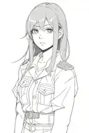 black and white anime girl with long black hair, tired eyes wearing a military uniform tattoo design idea
