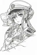 black and white anime girl with long black hair, tired eyes wearing a military uniform tattoo design idea