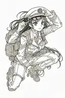 black and white anime girl with long black hair, tired eyes wearing a military uniform tattoo design idea