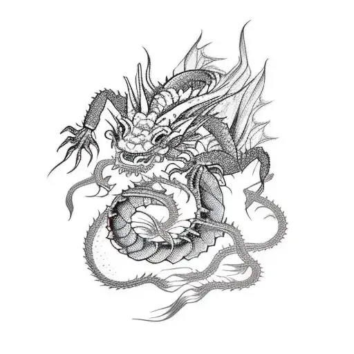 Black dragon and crawfish swimming towards the dragon with pink flowers tattoo design idea