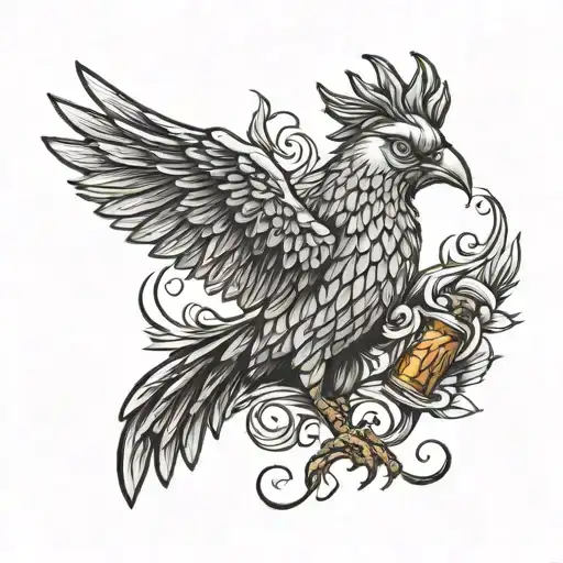 Liverbird holding a whisky bottle in its beak tattoo design idea