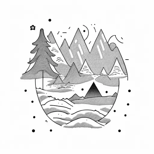 A detailed blackwork tattoo of a serene camping scene under a starry night sky tattoo design idea
