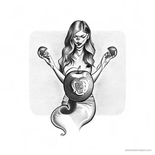 woman, upsidedown, holding an bitten apple, involved by a snake tattoo design idea