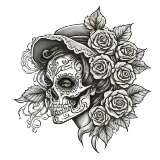half skull half catrina beautiful girl with roses tattoo design idea