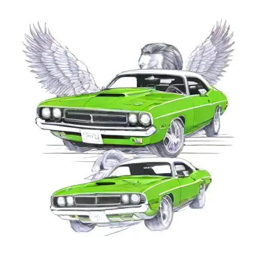 A realistic portrait of the client's purple Dodge Challenger with Mr. Green riding shotgun tattoo design idea