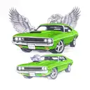 A realistic portrait of the client's purple Dodge Challenger with Mr. Green riding shotgun tattoo design idea