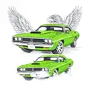 A realistic portrait of the client's purple Dodge Challenger with Mr. Green riding shotgun tattoo design idea