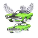 A realistic portrait of the client's purple Dodge Challenger with Mr. Green riding shotgun tattoo design idea