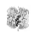 A surreal combination of a forest merging into an underwater world with orcas swimming through tattoo design idea