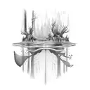 A surreal combination of a forest merging into an underwater world with orcas swimming through tattoo design idea