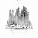 A surreal combination of a forest merging into an underwater world with orcas swimming through tattoo design idea