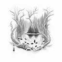 A surreal combination of a forest merging into an underwater world with orcas swimming through tattoo design idea