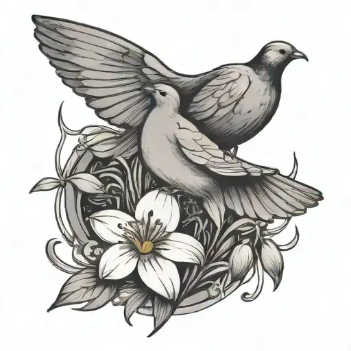 snowdrop flower, black and gray, two doves flying tattoo design idea