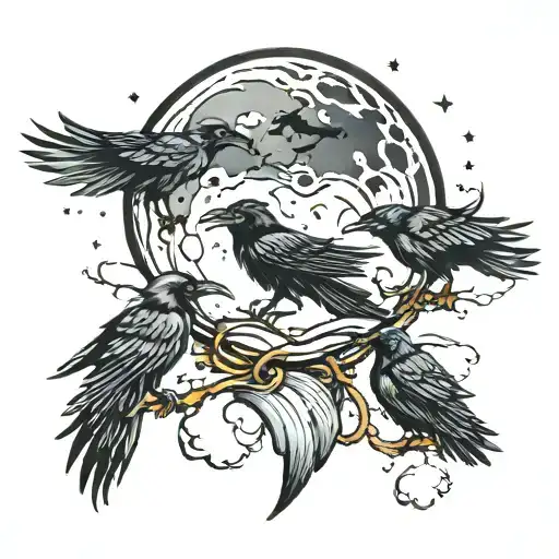 ravens circling moon and preying a lone wolf tattoo design idea