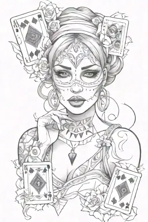 chicana with playing cards and the smile now cry later mask behind her tattoo design idea