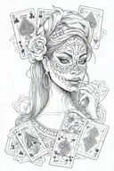 chicana with playing cards and the smile now cry later mask behind her tattoo design idea