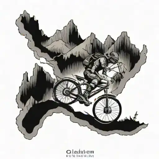 A detailed blackwork tattoo of a Sagittarius archer riding a bicycle through mountainous terrain tattoo design idea