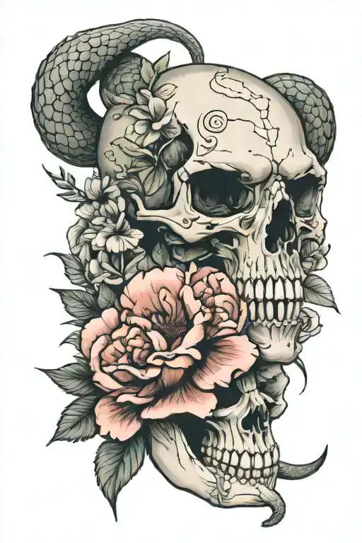 snake, dog skull, peonies flower tattoo tattoo design idea