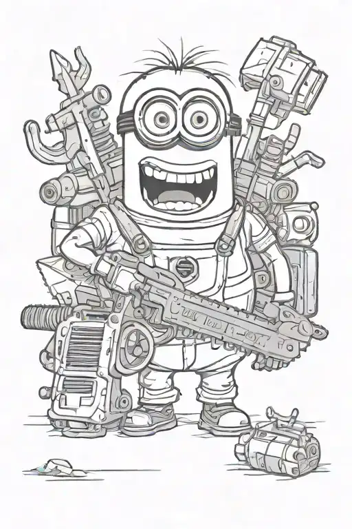 minion bob with teddy and a chainsaw in his hands holding tattoo design idea