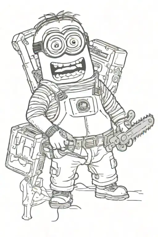 minion bob with teddy in his right and a chainsaw in his left hand holding tattoo design idea