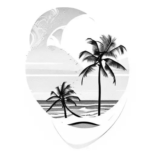 A serene beach sunset with palm trees and waves crashing tattoo design idea
