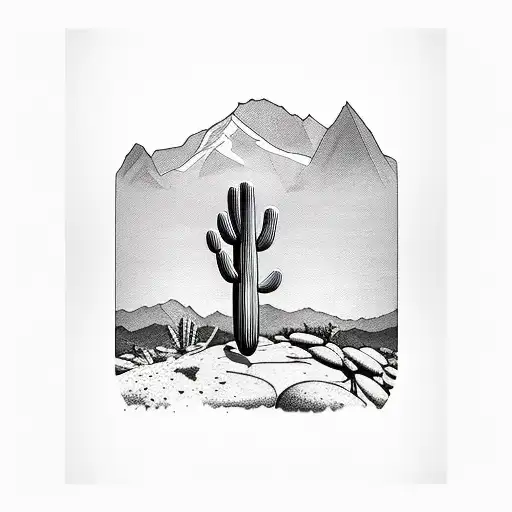 Rocky mountains with a saguaro cactus in the foreground  tattoo design idea