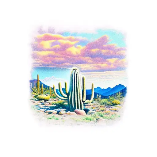 Rocky mountains with a saguaro cactus in the foreground  tattoo design idea
