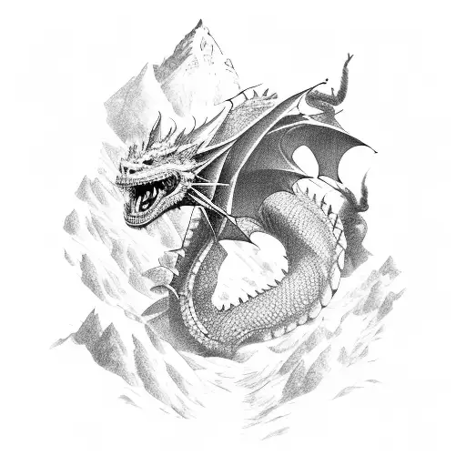 Group of adventurers battling a dragon in a mountainous landscape tattoo design idea