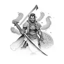 Half-orc warrior wielding a massive sword in a war-torn battlefield tattoo design idea