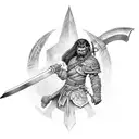 Half-orc warrior wielding a massive sword in a war-torn battlefield tattoo design idea