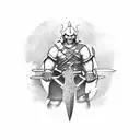 Half-orc warrior wielding a massive sword in a war-torn battlefield tattoo design idea